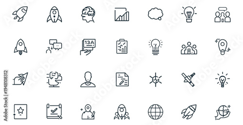 A collection of business and technology icons in a flat line art style