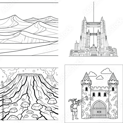 Epic landscapes & fantasy worlds: desert dunes, erupting volcano, and medieval castle