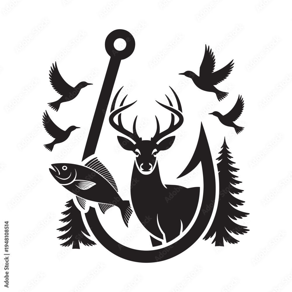 Fototapeta premium A black and white design featuring a deer fish birds and fishing hook