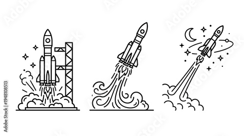 Rocket Launch Set Space Exploration Icons