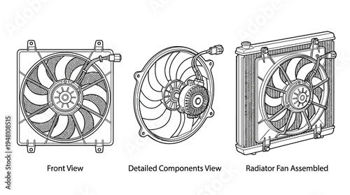 Automotive Radiator Cooling Fan Components in Line Art