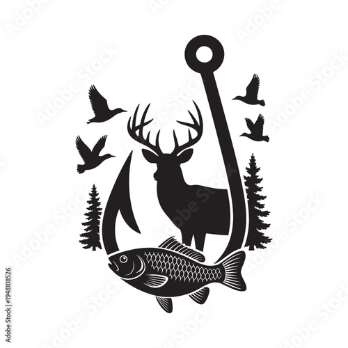 Vintage hunting and fishing emblem featuring a deer fish and birds