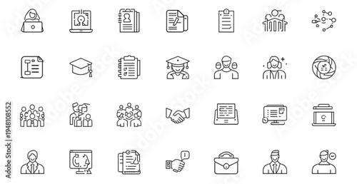 A collection of business and education icons in a minimal line art style