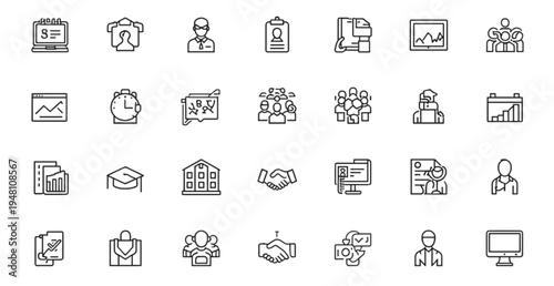 A collection of business icons in a minimal line art style