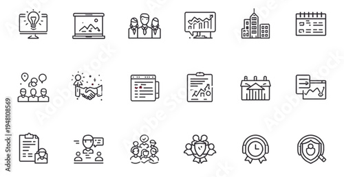 A set of business icons in a flat, minimalist design style