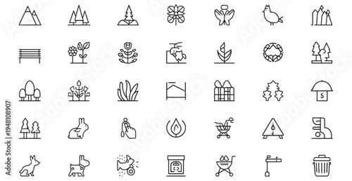 A collection of minimalist line art icons depicting outdoor and nature symbols