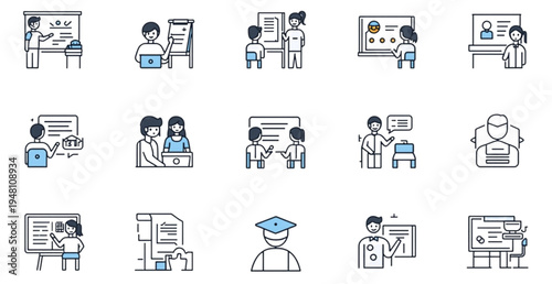 A set of flat vector icons depicting education and learning concepts
