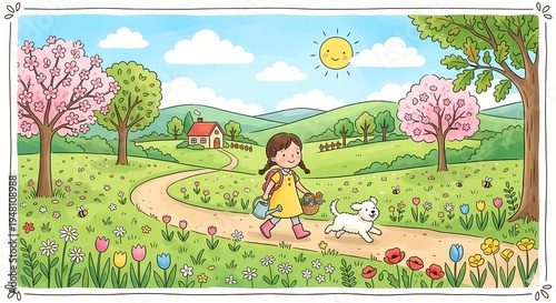 girl in the park with flowers spring season