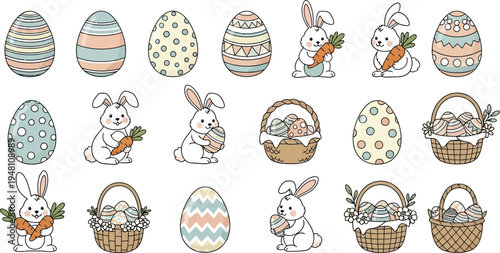 Easter egg and bunny vector graphics with easter basket illustrations