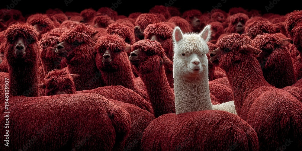 Fototapeta premium One white alpaca stands out from a crowd of red alpacas in a striking contrast