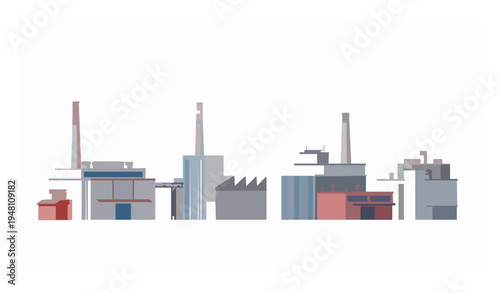 Perspective factory buildings vector set with industrial warehouse and chimney structures