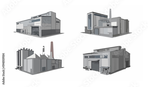 Manufacturing factory buildings perspective view industrial architecture vector set