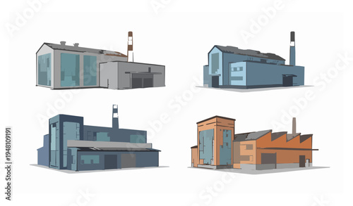Industrial factory buildings perspective vector collection with warehouses and chimneys