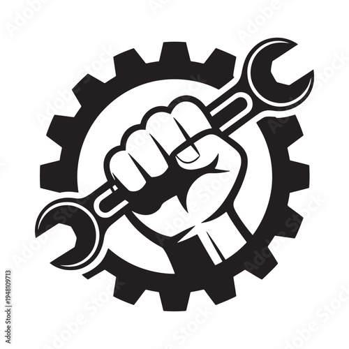 A clenched fist firmly gripping a wrench within a gear framework