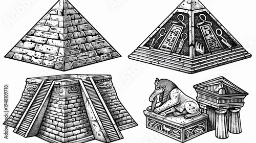 Artistic depiction of ancient Egyptian architectural elements, pyramids, and a Sphinx, in grayscale
