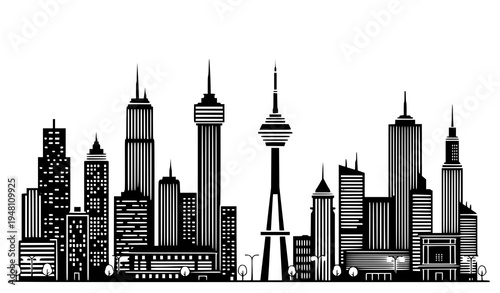 A black and white vector graphic illustration of a city skyline with skyscrapers