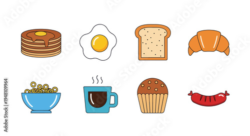 Assorted breakfast food icons on white