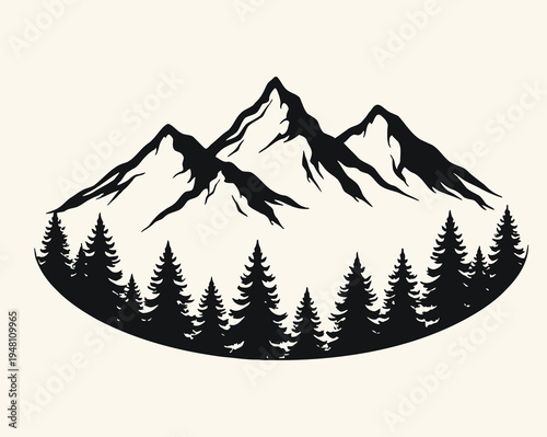 Black silhouette of mountains and pine trees on white background