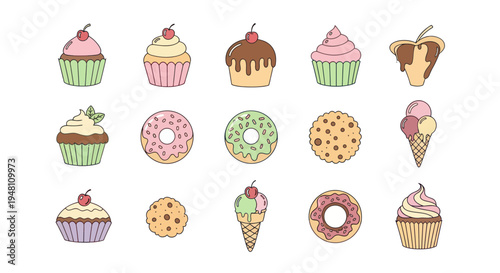 Assorted colorful desserts on white background