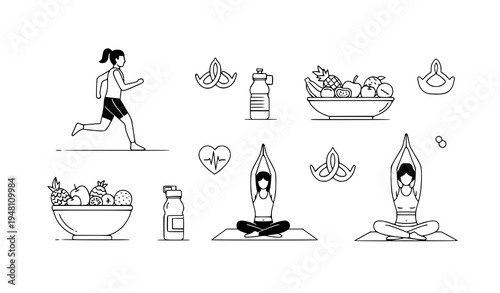 A minimalist vector graphic illustrating various fitness and wellness activities