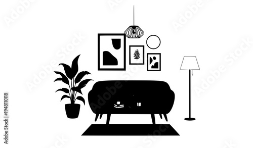 A minimalist vector graphic of a living room interior with modern furniture