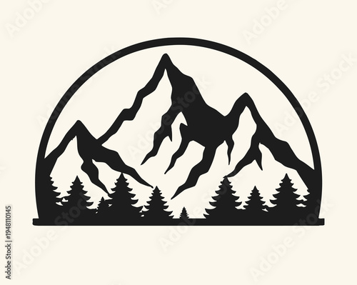 Mountain range landscape with pine trees under a semicircle