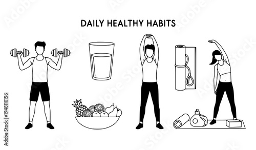 A vector graphic illustration of daily healthy habits with exercise and nutrition