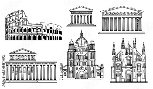 A collection of iconic architectural landmarks in a minimalist line art style