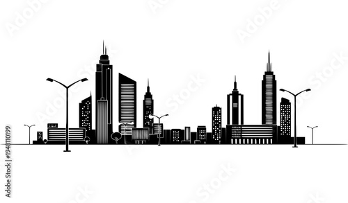 A minimalist black and white city skyline vector graphic with skyscrapers and streetlights