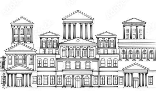 A detailed vector illustration of a large building with columns and towers
