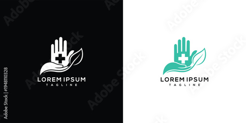 Medical Care Hand Logo with Cross and Leaf - Health  Wellness Icon.