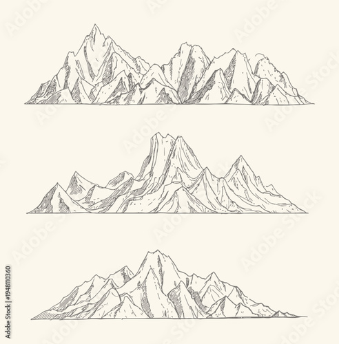 Three mountain ranges in a sketchy illustration style