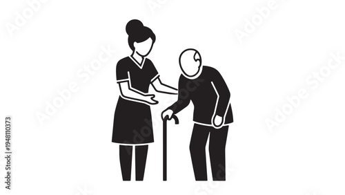 Caregiver Assisting Elderly Man with Walking Cane Illustration for Senior Healthcare and Community Support