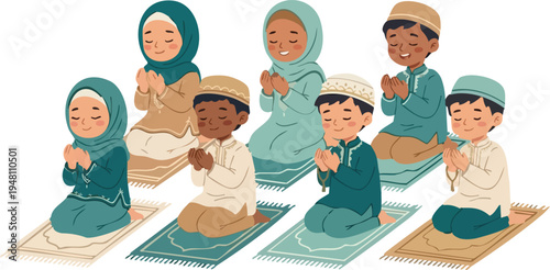 Web Muslim Children Praying on Rugs Flat Vector Illustration Set for Eid and Ramadan
