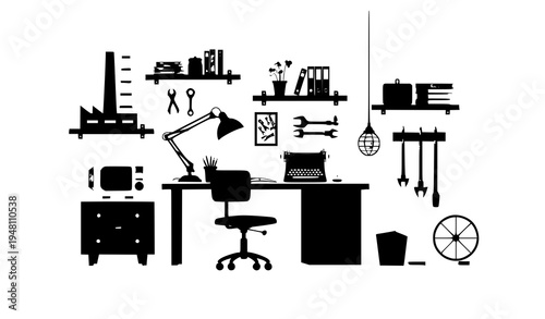 A minimalist black and white vector graphic illustration of a home office workspace with various desk tools and furniture