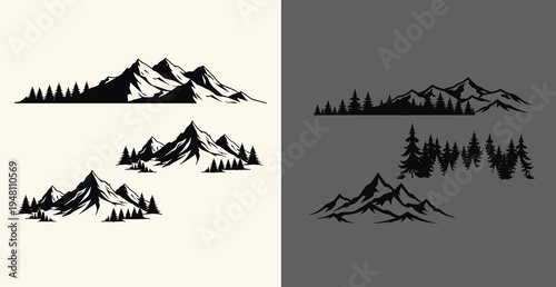 Mountain ranges with trees in silhouette on contrasting backgrounds