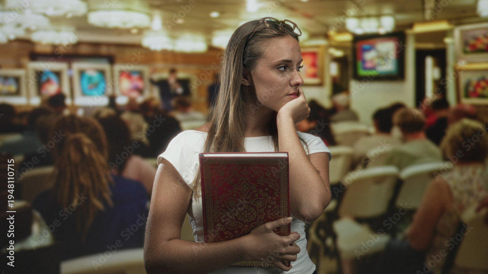 Fototapeta premium Young brunette woman holding a red ornate book, hand to mouth gesture while standing among seated audience in auction building; pensive uncertainty reflection.