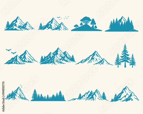 Collection of blue silhouette mountain and tree landscape icons