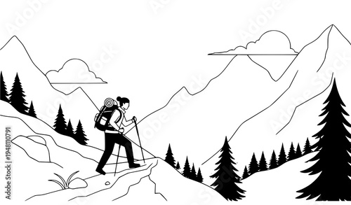 A minimalist vector illustration of a hiker in a mountainous landscape