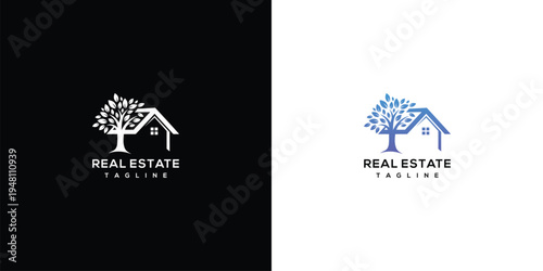 Real Estate Logo House and Tree Symbol White and Blue.