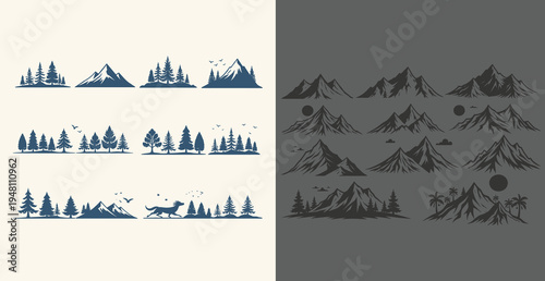 Collection of forest landscape silhouettes with mountains and trees