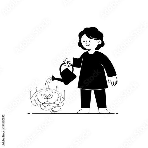 ai ethicist watering a neural brain network in clean line art illustration or ai ethicist nurturing a holographic brain network in minimalist vector line art design