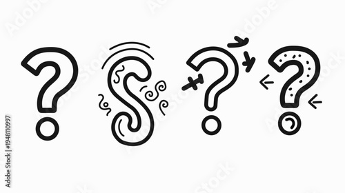 Four stylized question marks with different decorations and details on a white background