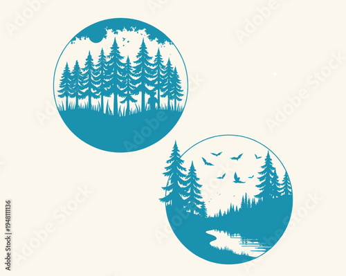 Teal silhouettes of nighttime and daytime forest scenes