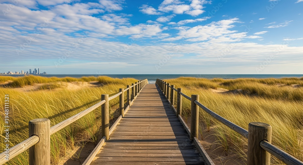 Fototapeta premium A wooden boardwalk with railings stretches through golden marsh grasses toward a distant city skyline under bright blue sky. Perfect for nature walks and peaceful outdoor scenes.