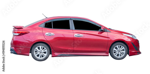 Right side view of red sports sedan car isolated with clipping path in png file format