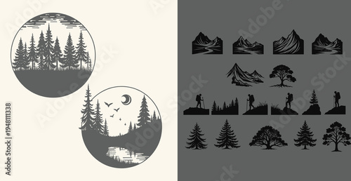 Black and white forest landscape silhouettes and tree icons