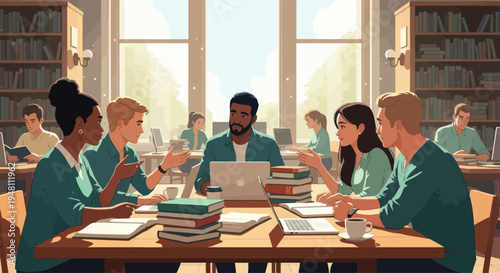 Diverse Students Collaborating in a Bright University Library