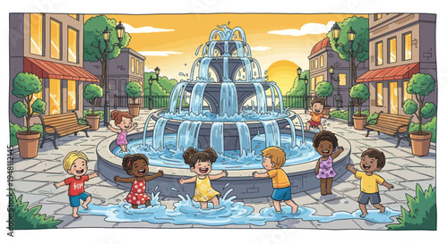 Children playing and splashing water at a decorative fountain in a town square at sunset