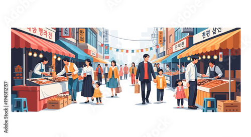 Vibrant Korean Street Market Scene with Families Shopping and Food Stalls